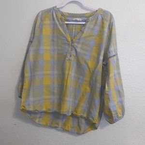 Prana Blue and Yellow Plaid V-Neck Shirt. Size XL.